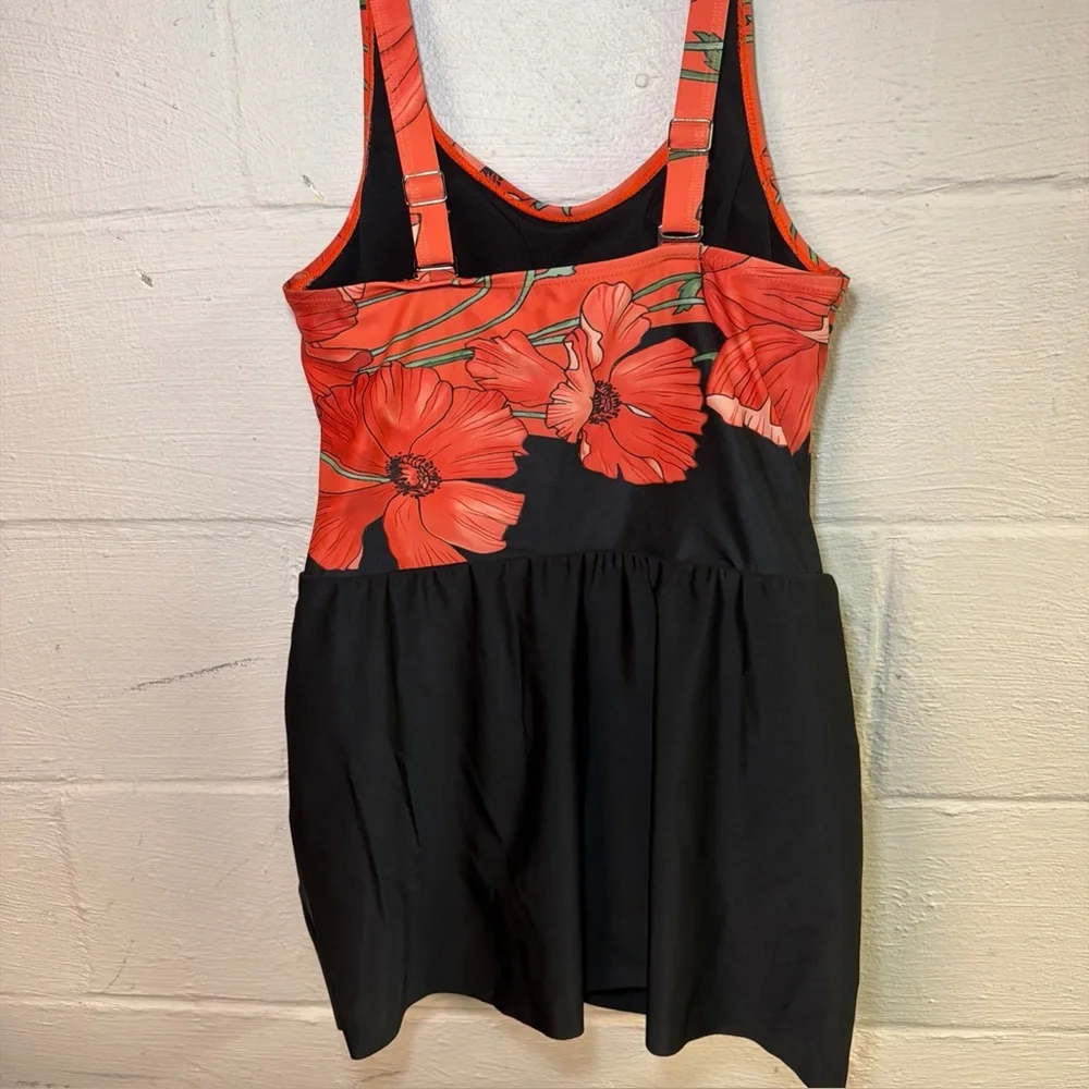 Orange, Black, & Green Floral Print One Piece Swimsuit - Women’s‎ Medium